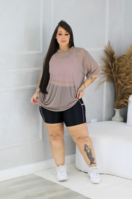 Blusão Power Oversized de Tule Plus Size Castanho